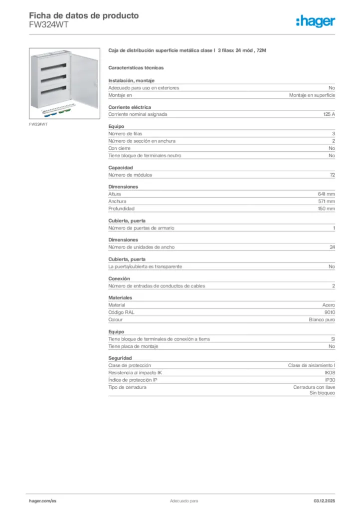 Imagen Hager Ficha de datos de producto FW324WT | Hager España