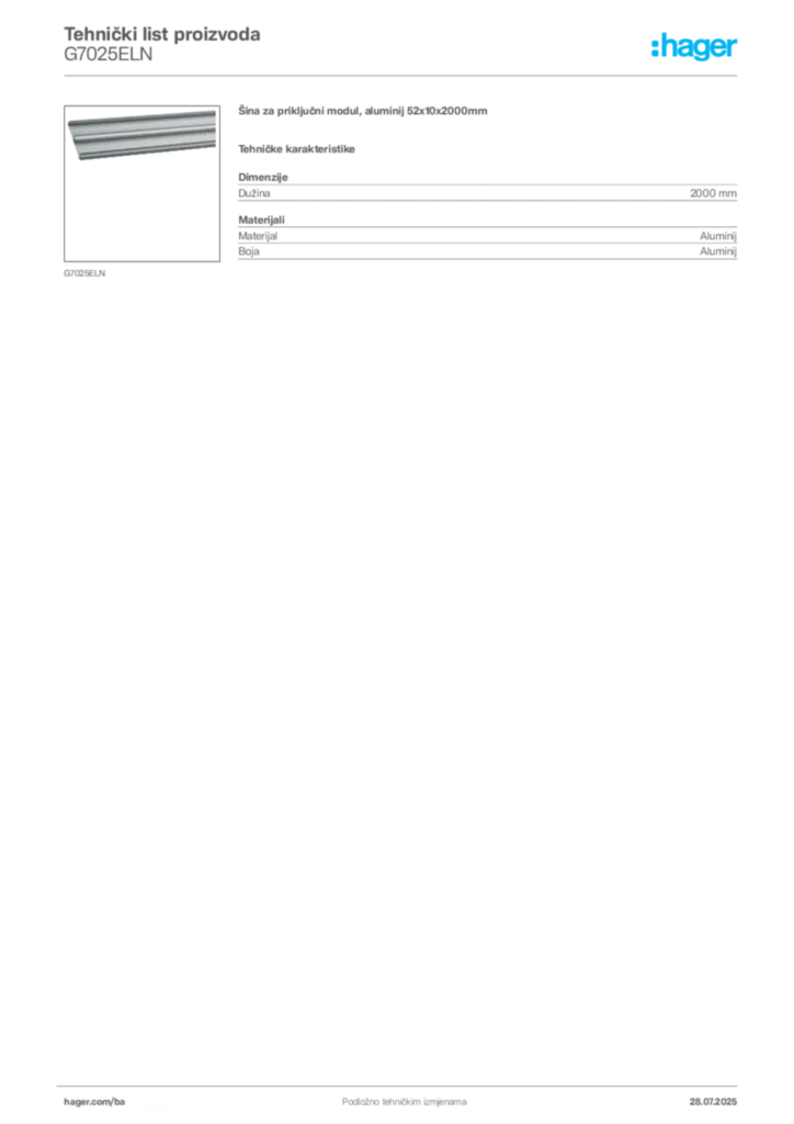 Slika Hager Product data sheet G7025ELN  | Hager