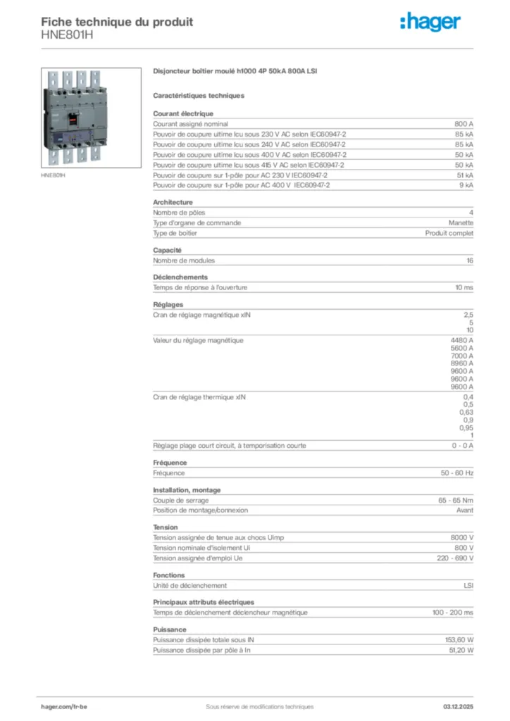 Image Hager Fiche technique du produit HNE801H | Hager Belgique