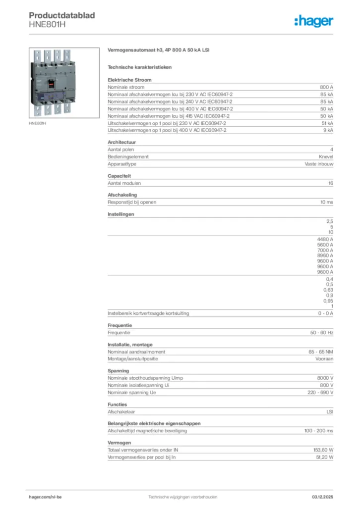 Afbeelding Hager Productdatablad HNE801H | Hager Belgium