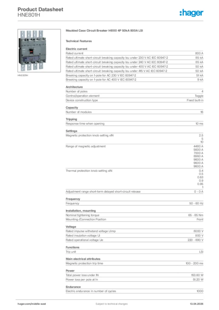 Image Hager Product data sheet HNE801H  | Hager