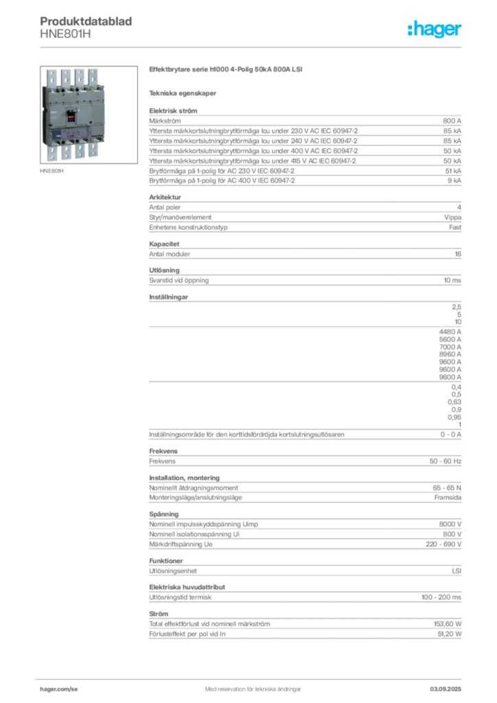 Bild Hager Produktdatablad HNE801H | Hager Sverige