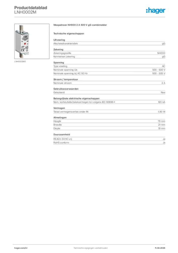 Afbeelding Hager Productdatablad LNH0002M | Hager Nederland