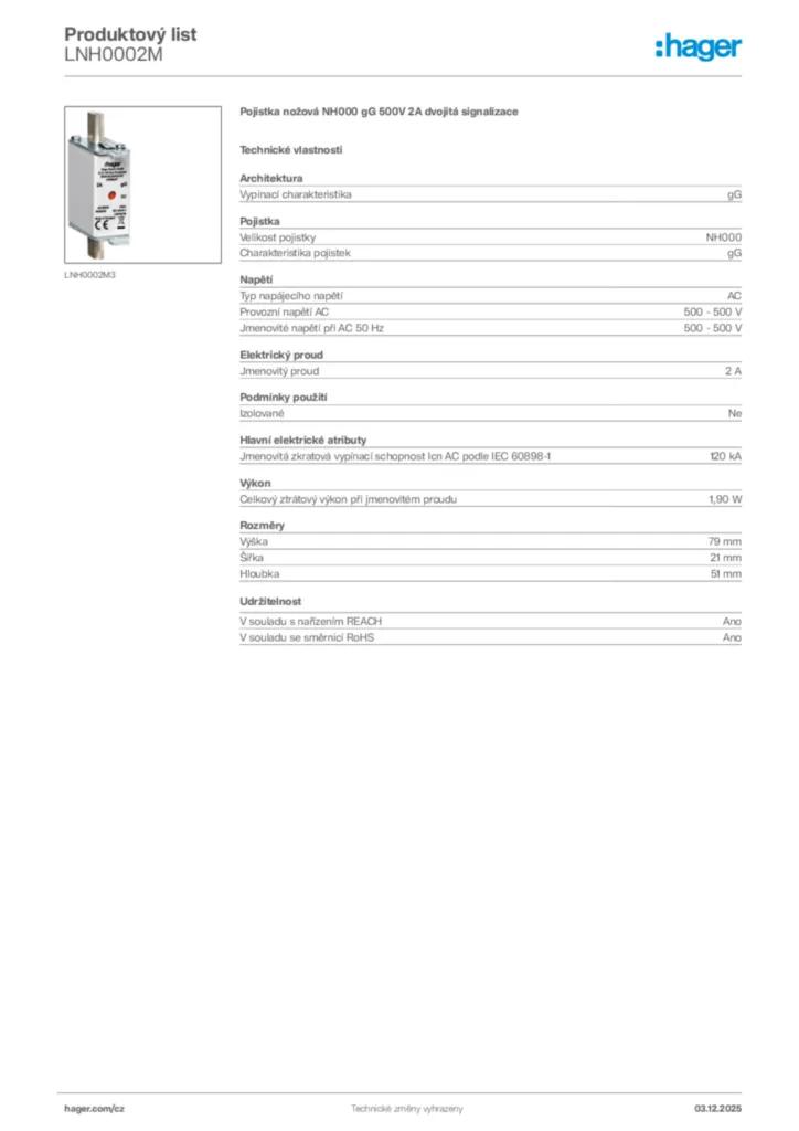 Obrázek Hager Product data sheet LNH0002M | Hager