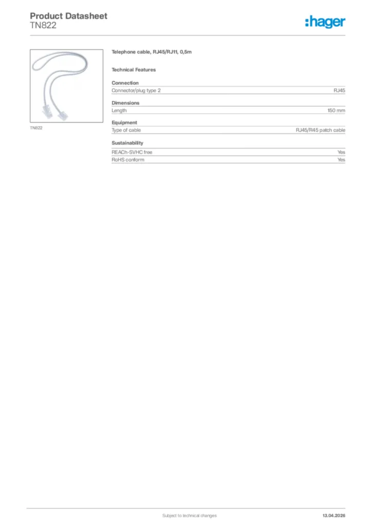 Image Hager Product data sheet TN822  | Hager Africa
