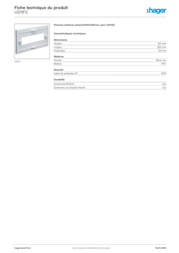 Image Hager Fiche technique du produit US11F3 | Hager Belgique