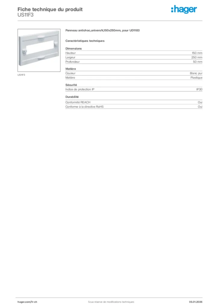Image Hager Fiche technique du produit US11F3 | Hager Suisse
