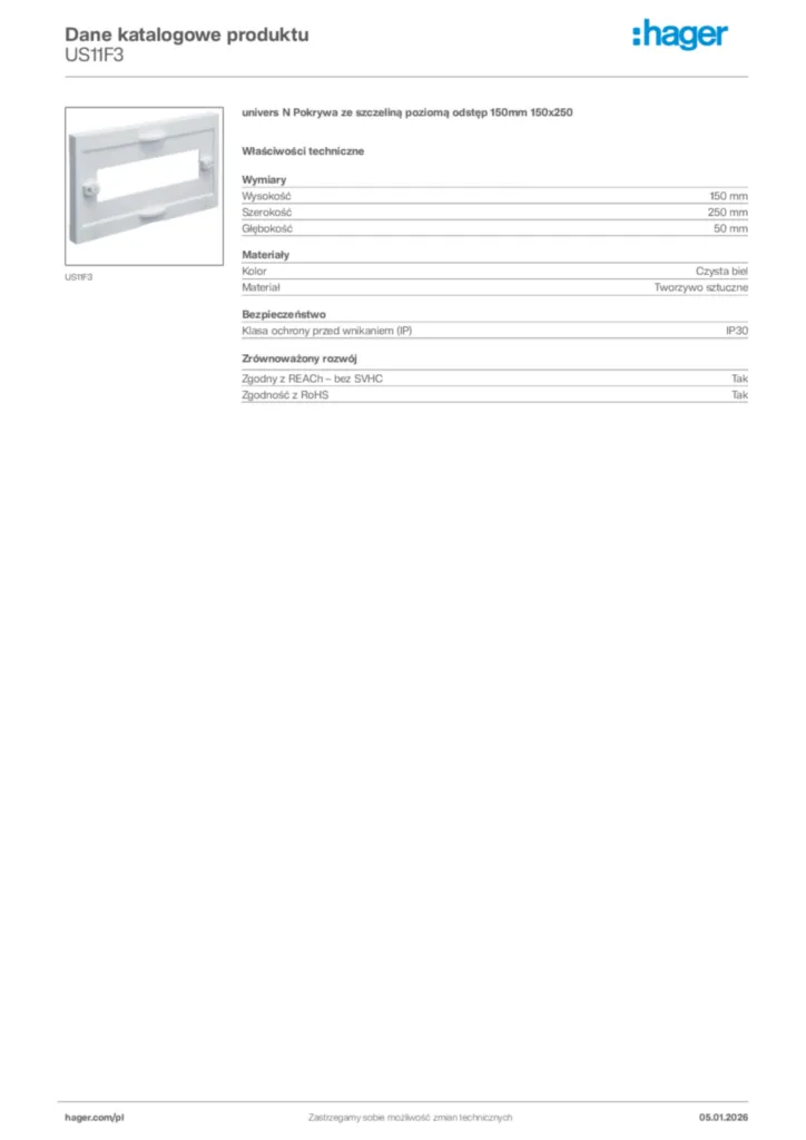 Zdjęcie Hager Karta katalogowa US11F3 | Hager Polska