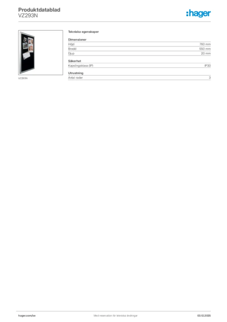 Bild Hager Produktdatablad VZ293N | Hager Sverige