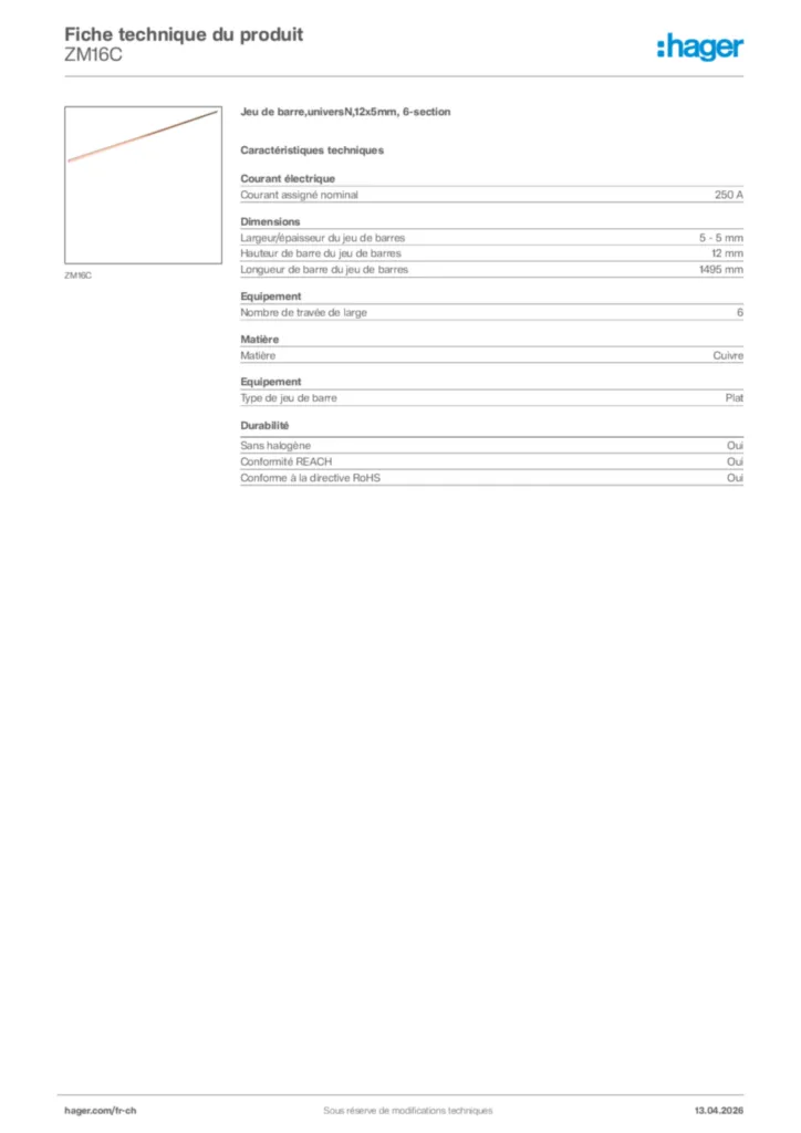 Image Hager Fiche technique du produit ZM16C | Hager Suisse