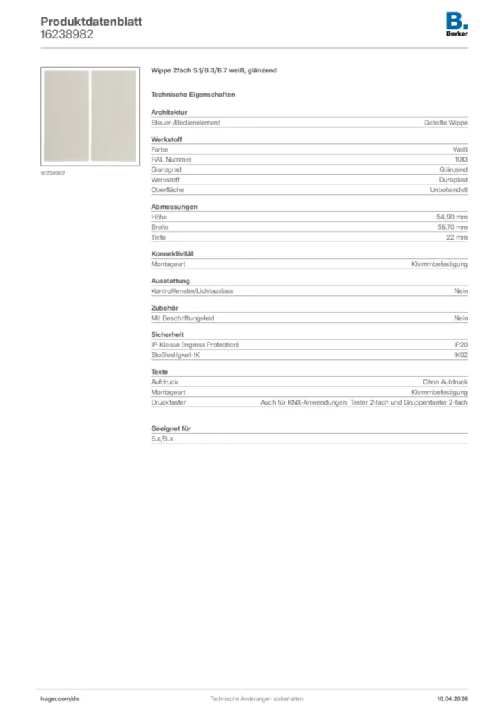 Bild Berker Produktdatenblatt 16238982 | Hager Deutschland