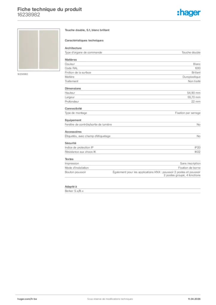 Image Hager Fiche technique du produit 16238982 | Hager Belgique