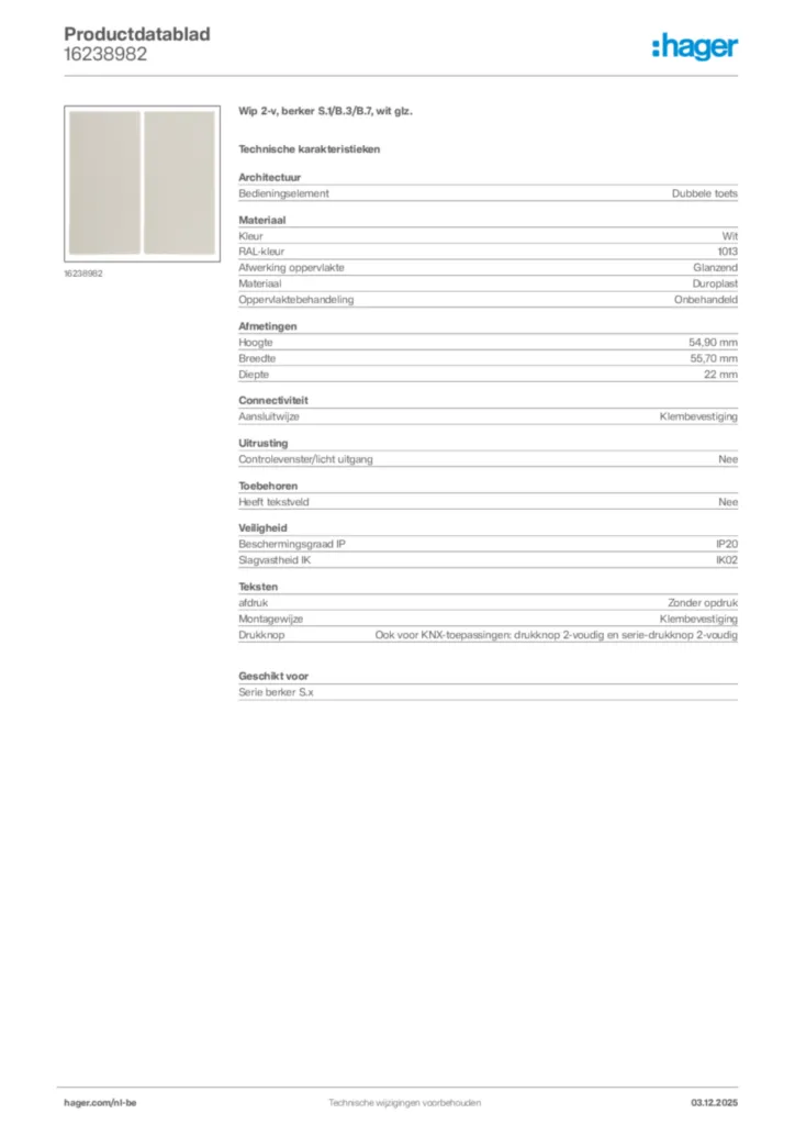 Afbeelding Hager Productdatablad 16238982 | Hager Belgium