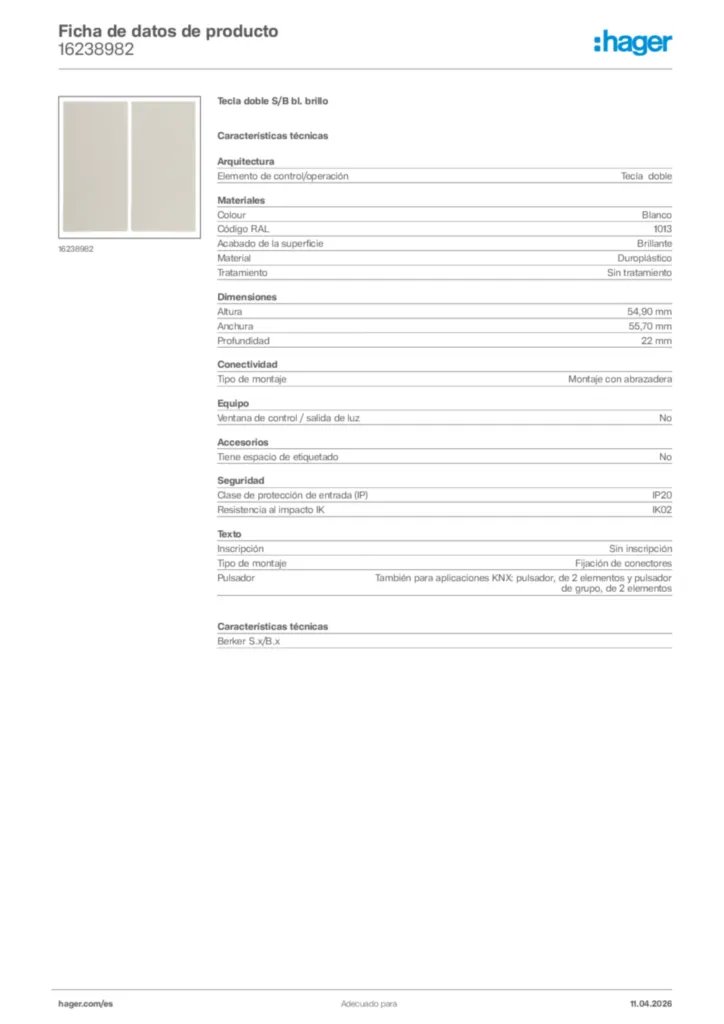 Imagen Hager Ficha de datos de producto 16238982 | Hager España