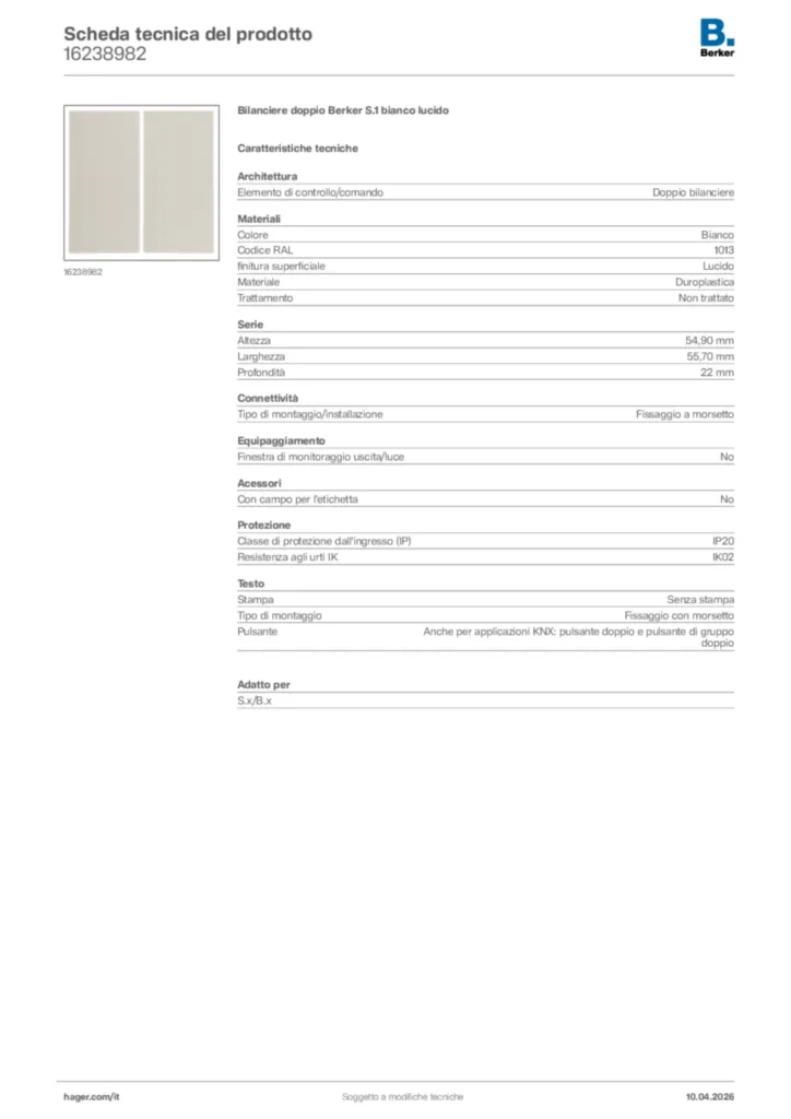 Immagine Berker Scheda tecnica del prodotto 16238982 | Hager Italia