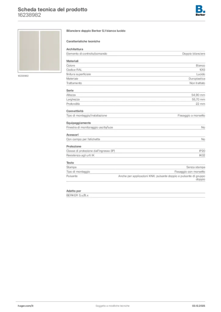 Immagine Berker Scheda tecnica del prodotto 16238982 | Hager Italia