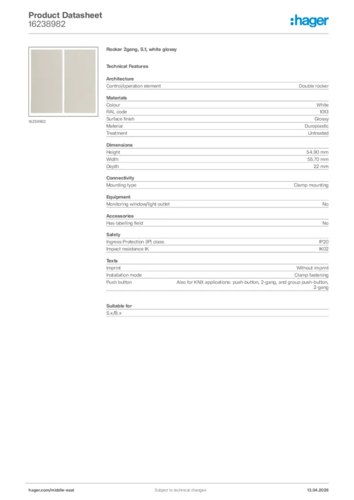 Image Hager Product data sheet 16238982  | Hager