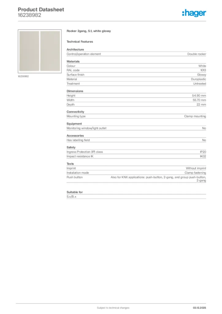 Image Hager Product data sheet 16238982  | Hager