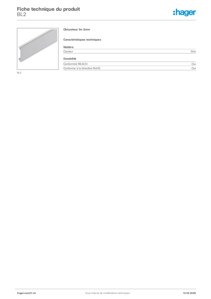 Image Hager Fiche technique du produit BL2 | Hager Suisse