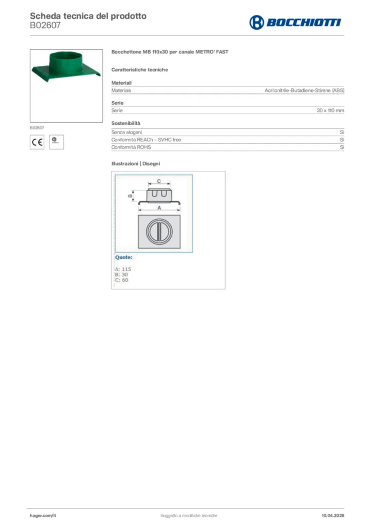 Immagine Bocchiotti Scheda tecnica del prodotto B02607 | Hager Italia