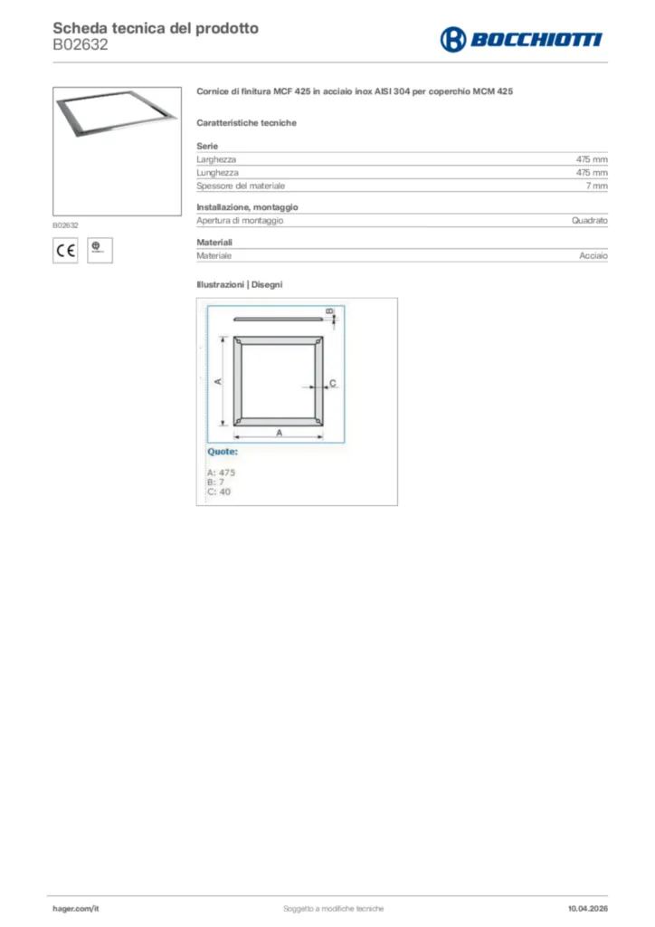 Immagine Bocchiotti Scheda tecnica del prodotto B02632 | Hager Italia