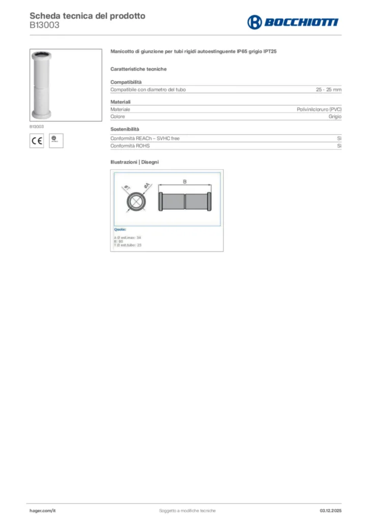 Immagine Bocchiotti Scheda tecnica del prodotto B13003 | Hager Italia