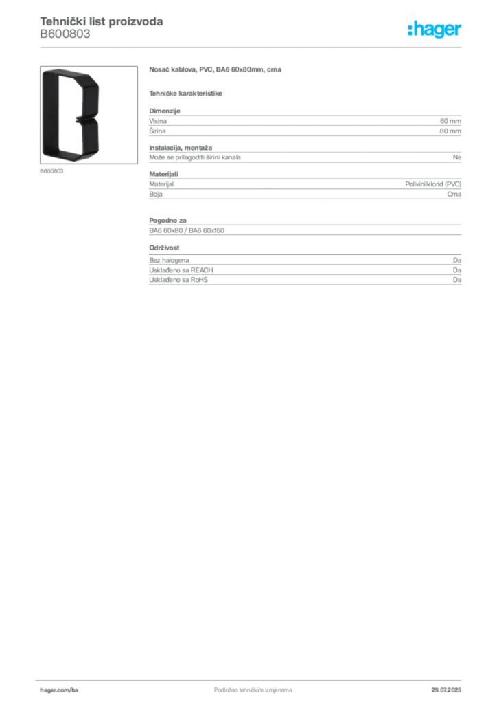 Slika Hager Product data sheet B600803  | Hager