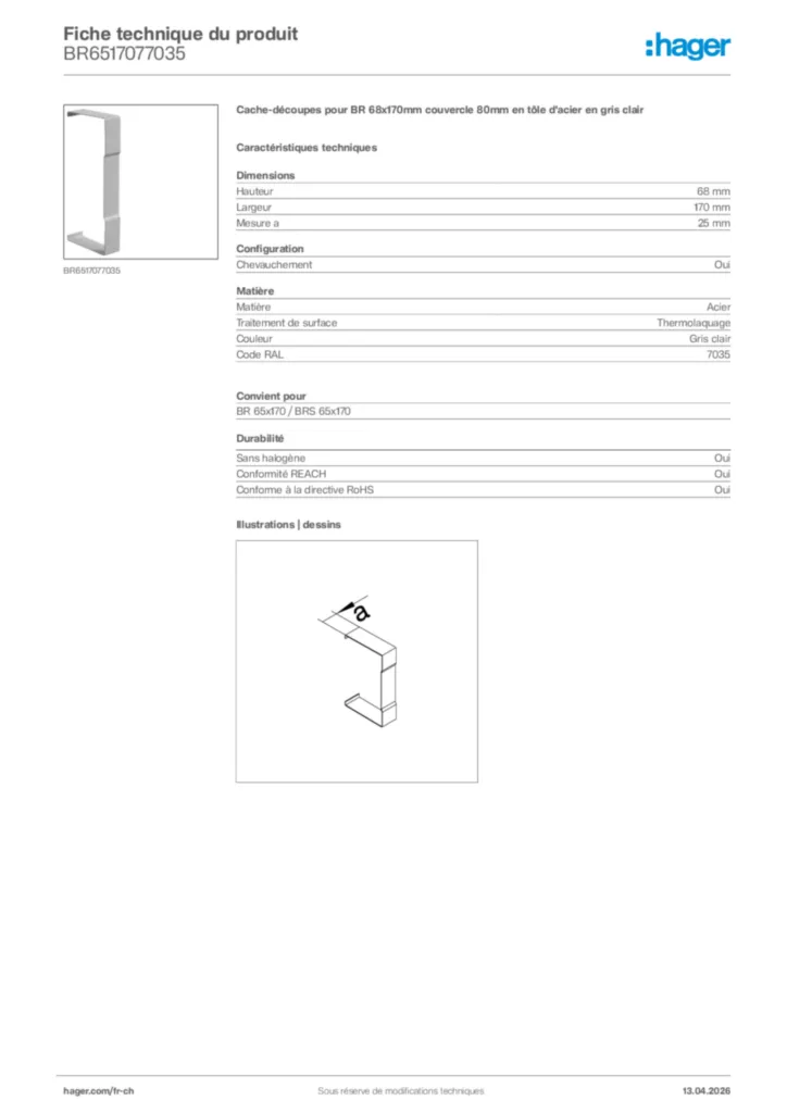 Image Hager Fiche technique du produit BR6517077035 | Hager Suisse