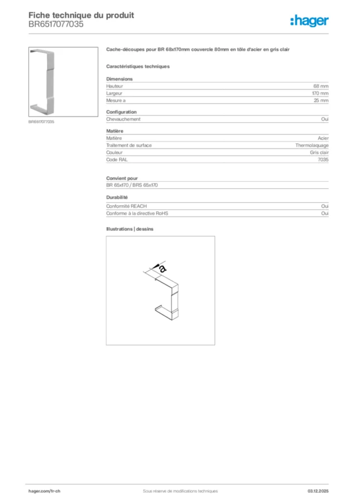 Image Hager Fiche technique du produit BR6517077035 | Hager Suisse