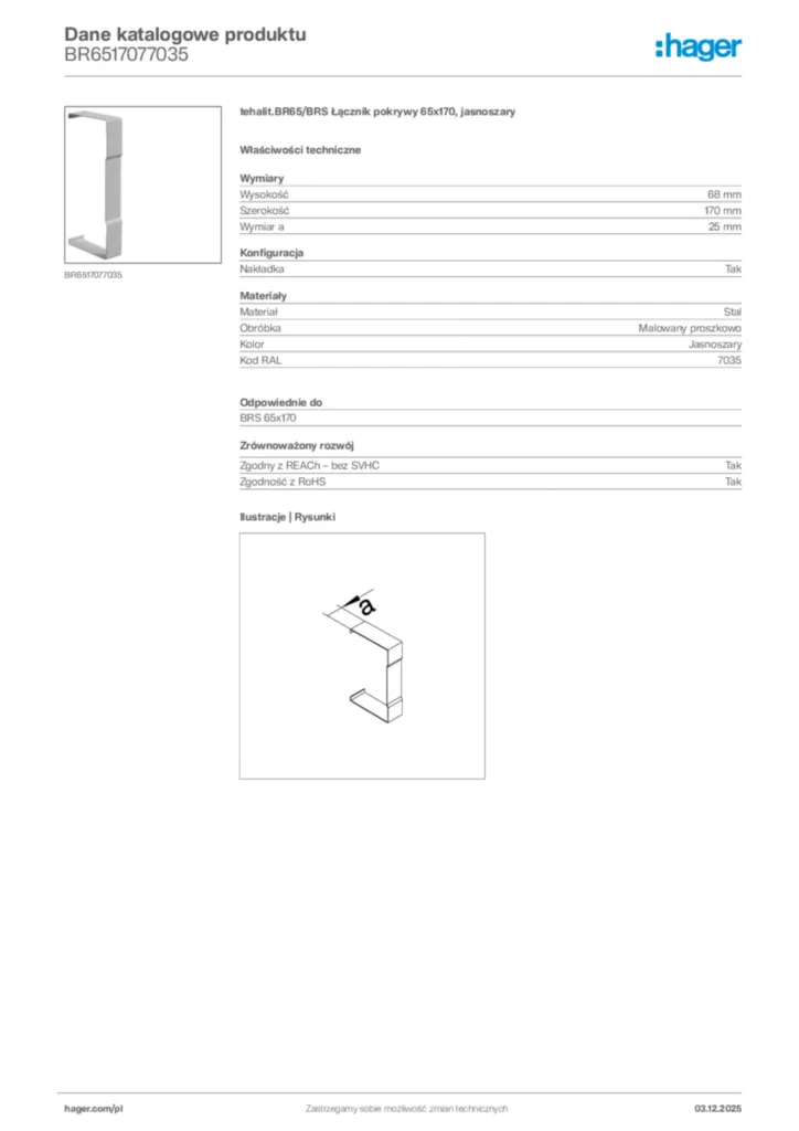 Zdjęcie Hager Dane katalogowe produktu BR6517077035 | Hager Polska