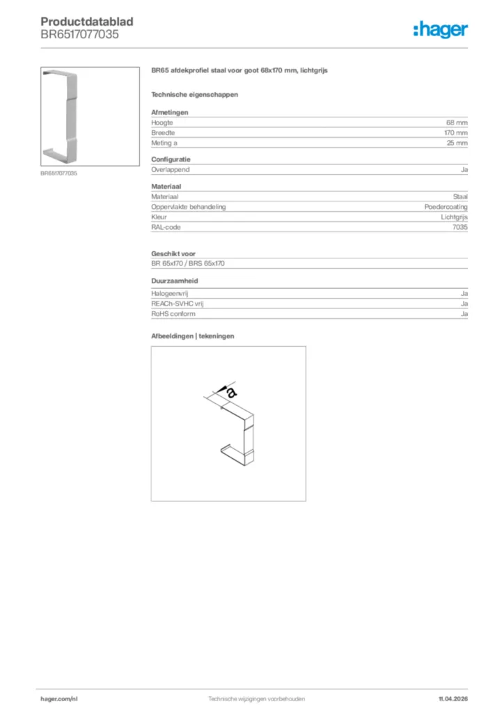 Afbeelding Hager Productdatablad BR6517077035 | Hager Nederland