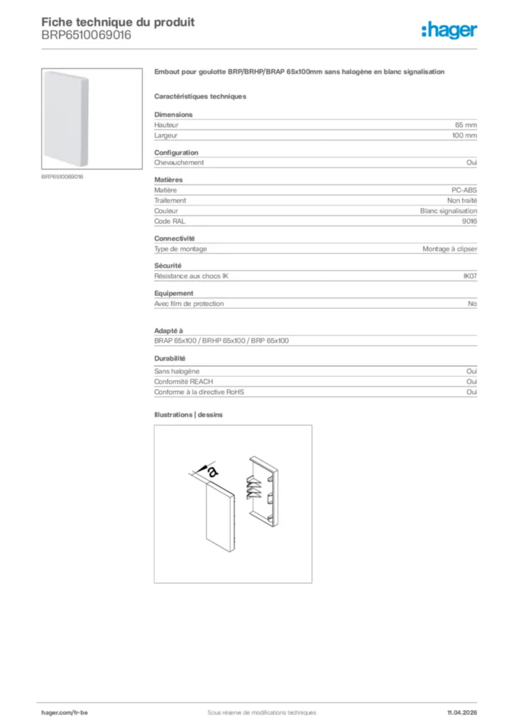 Image Hager Fiche technique du produit BRP6510069016 | Hager Belgique