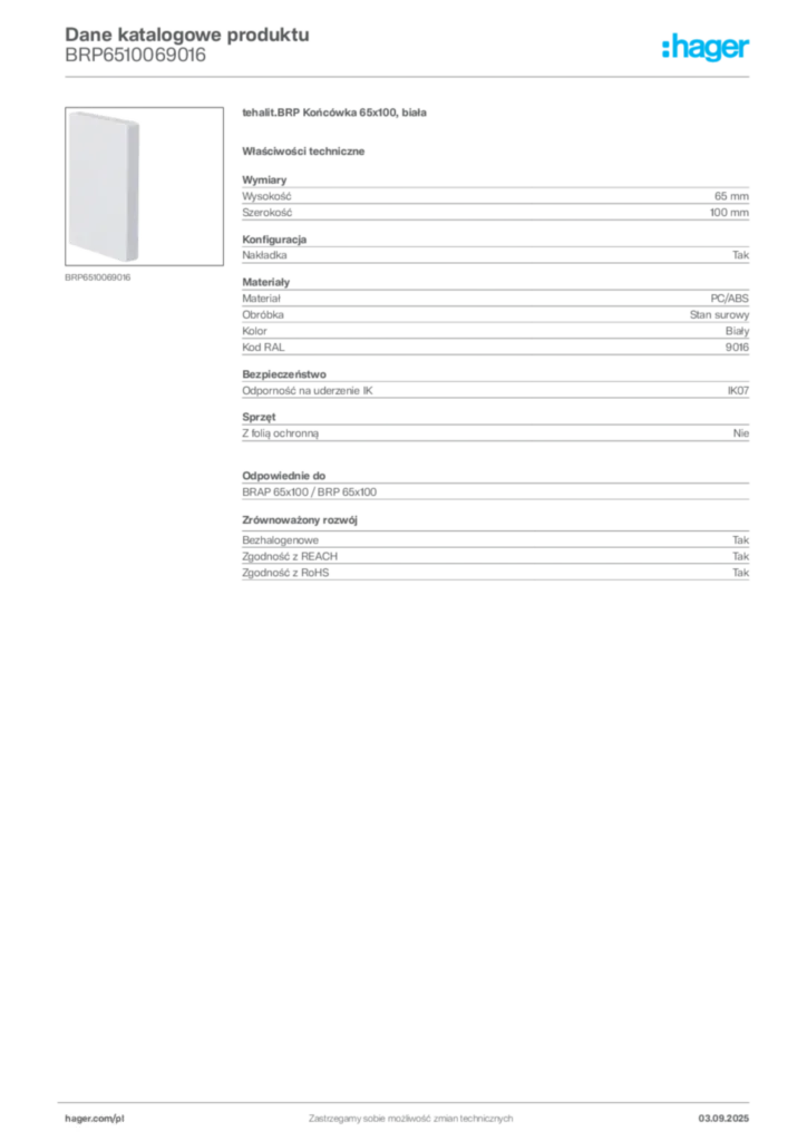 Zdjęcie Hager Dane katalogowe produktu BRP6510069016 | Hager Polska