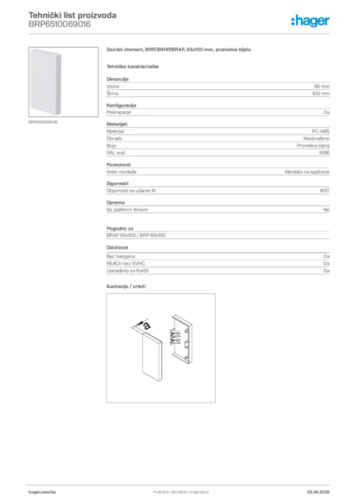 Slika Hager Tehnički list proizvoda BRP6510069016  | Hager