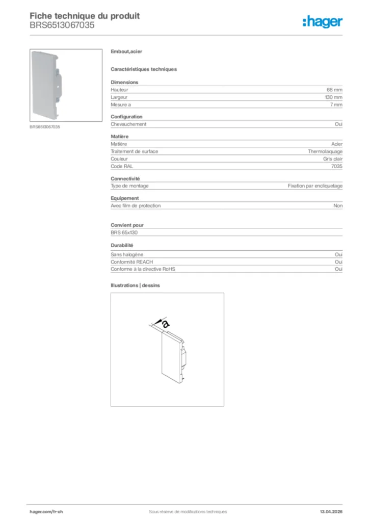 Image Hager Fiche technique du produit BRS6513067035 | Hager Suisse