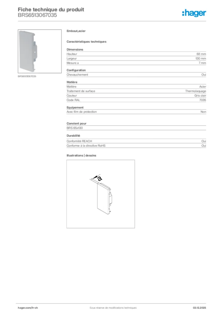 Image Hager Fiche technique du produit BRS6513067035 | Hager Suisse