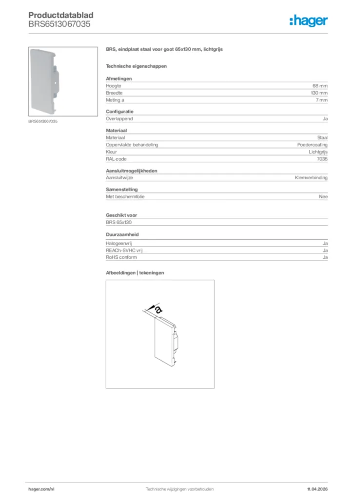 Afbeelding Hager Productdatablad BRS6513067035 | Hager Nederland