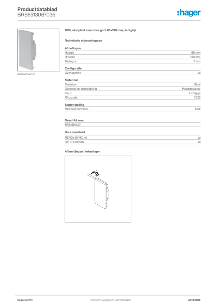 Afbeelding Hager Productdatablad BRS6513067035 | Hager Nederland