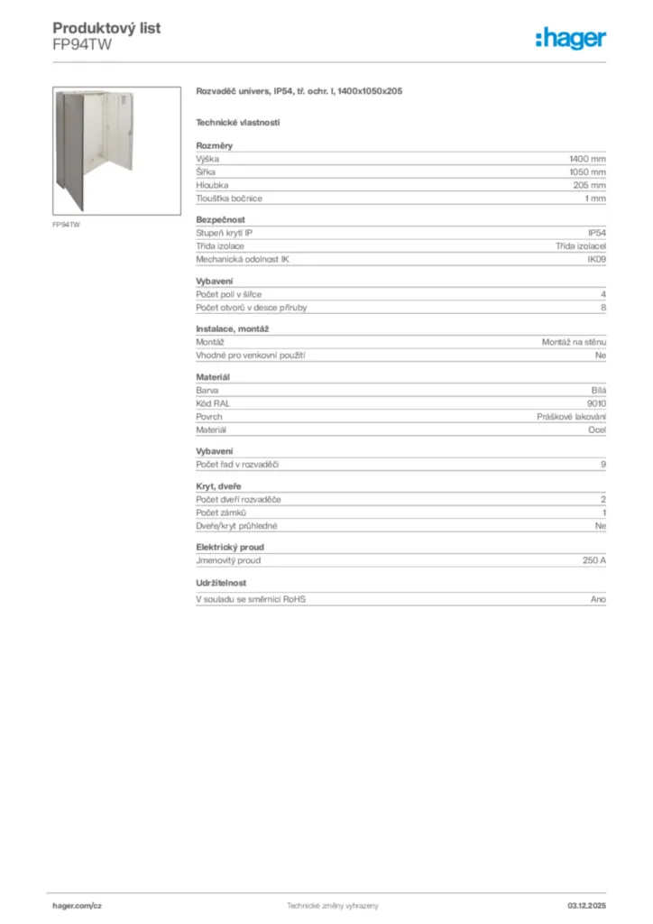 Obrázek Hager Product data sheet FP94TW | Hager