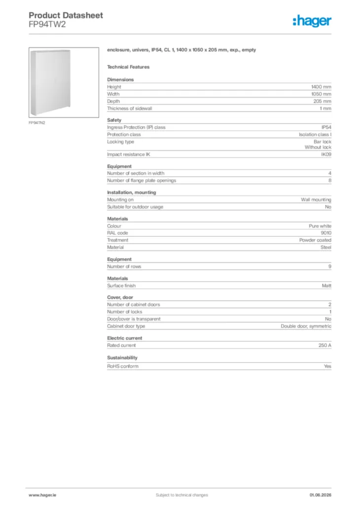 Image Hager Product data sheet FP94TW2  | Hager