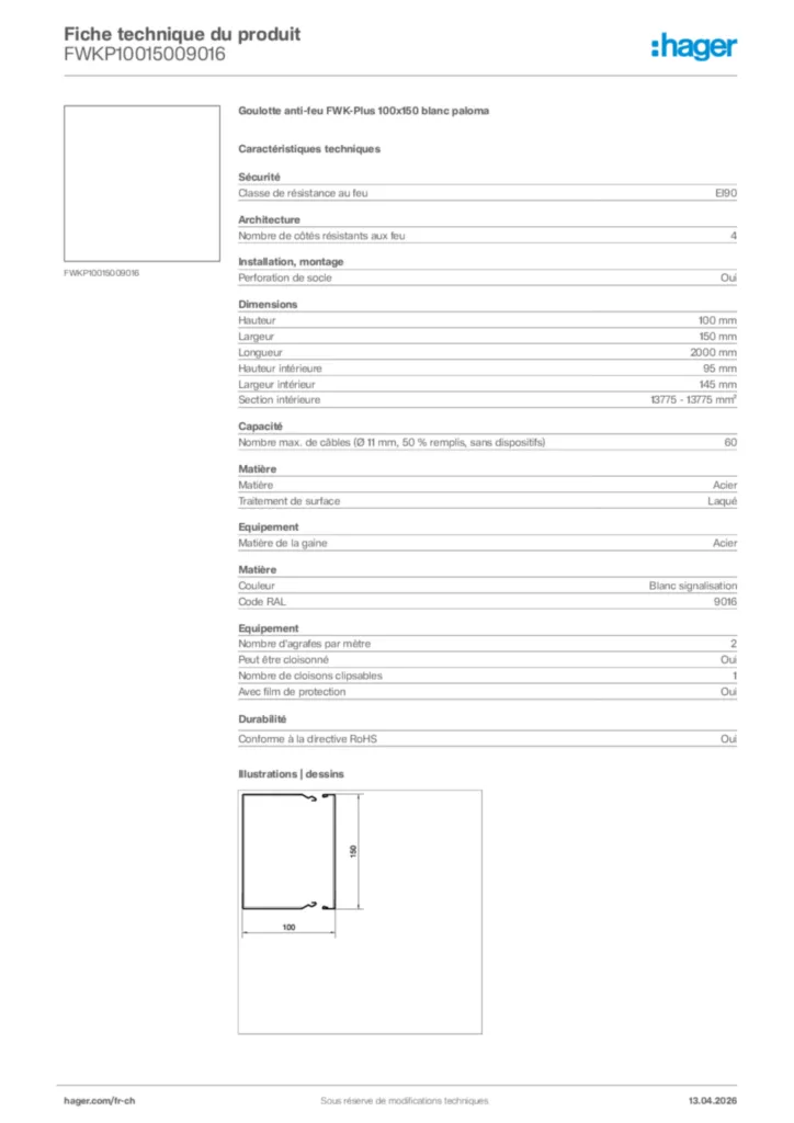Image Hager Fiche technique du produit FWKP10015009016 | Hager Suisse