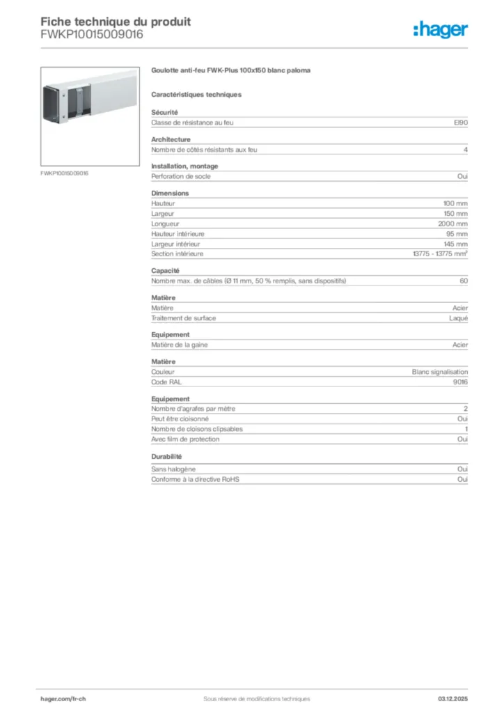 Image Hager Fiche technique du produit FWKP10015009016 | Hager Suisse