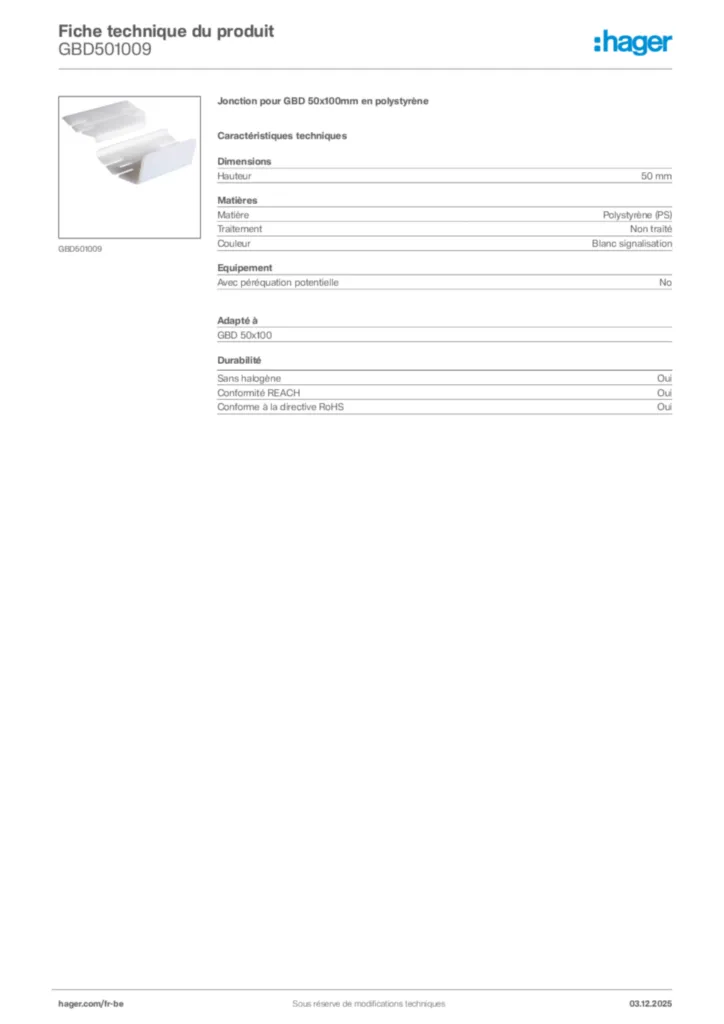 Image Hager Fiche technique du produit GBD501009 | Hager Belgique