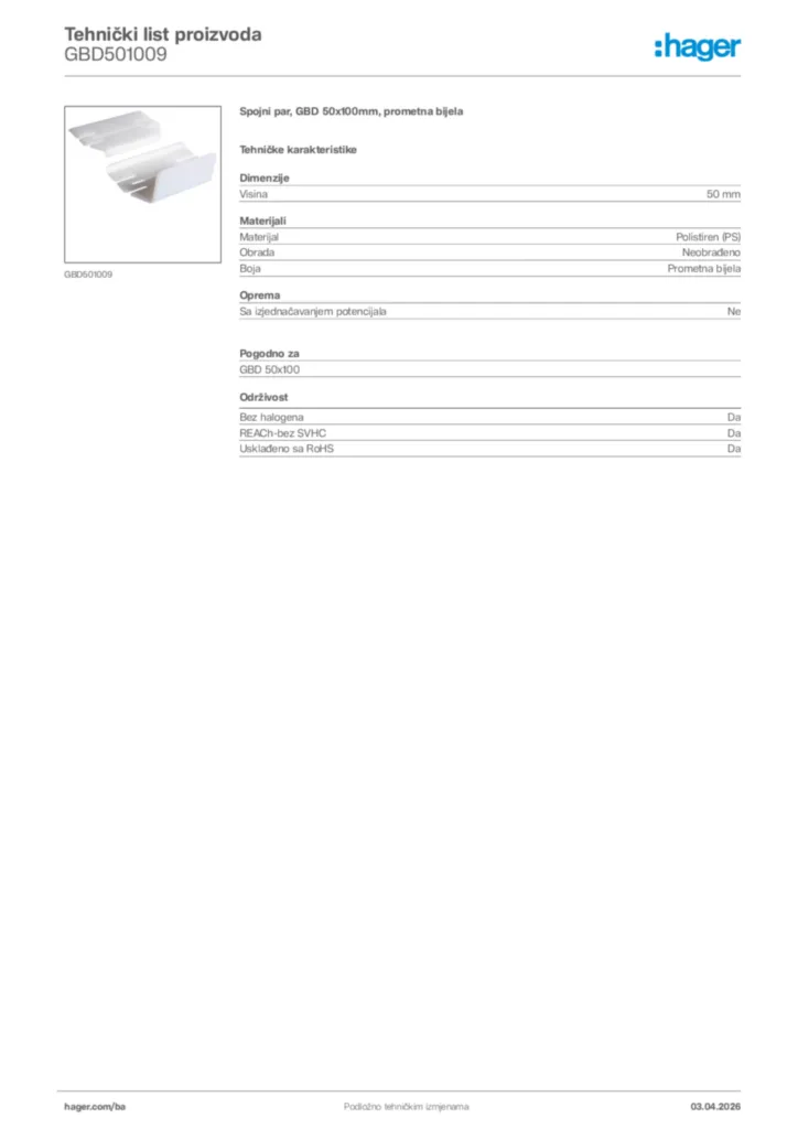 Slika Hager Tehnički list proizvoda GBD501009  | Hager