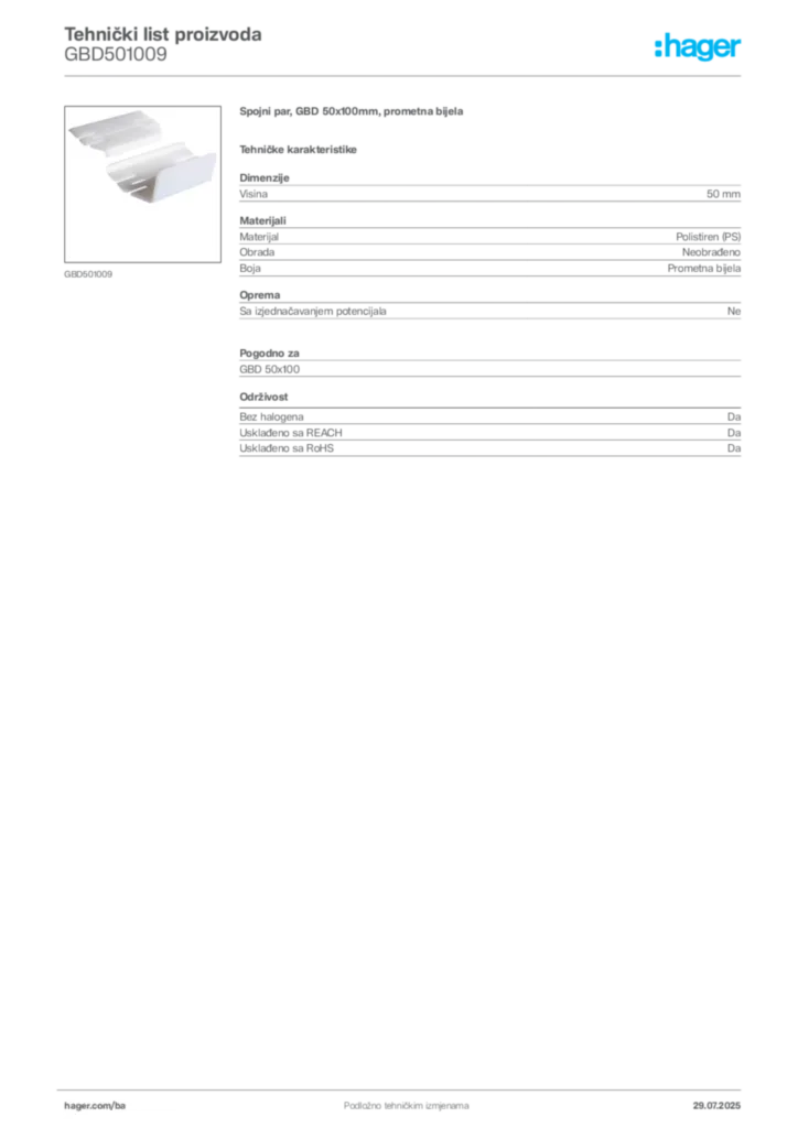 Slika Hager Product data sheet GBD501009  | Hager