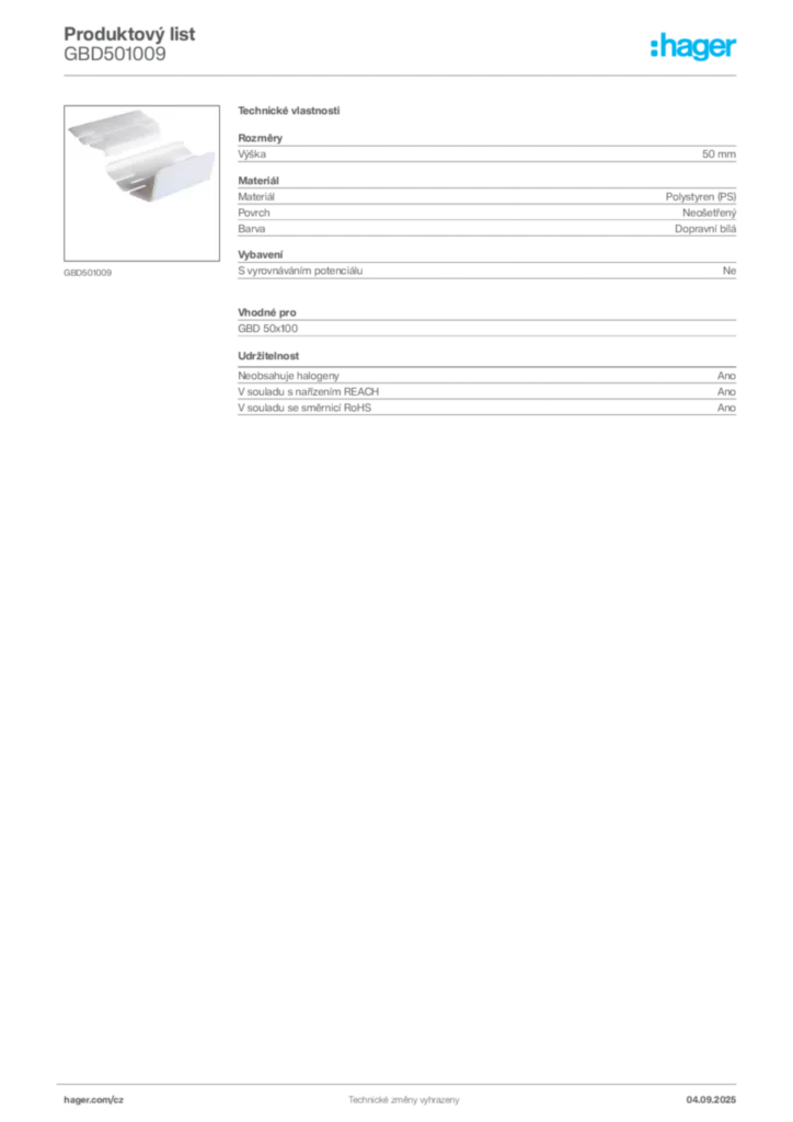Obrázek Hager Product data sheet GBD501009 | Hager