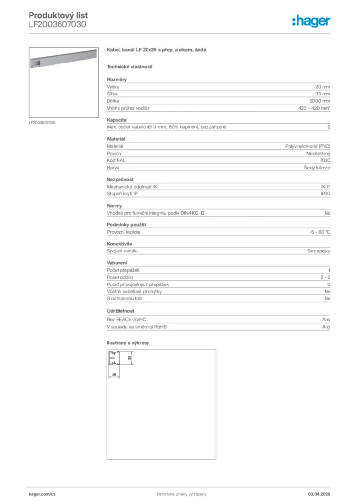 Obrázek Hager Product data sheet LF2003607030 | Hager