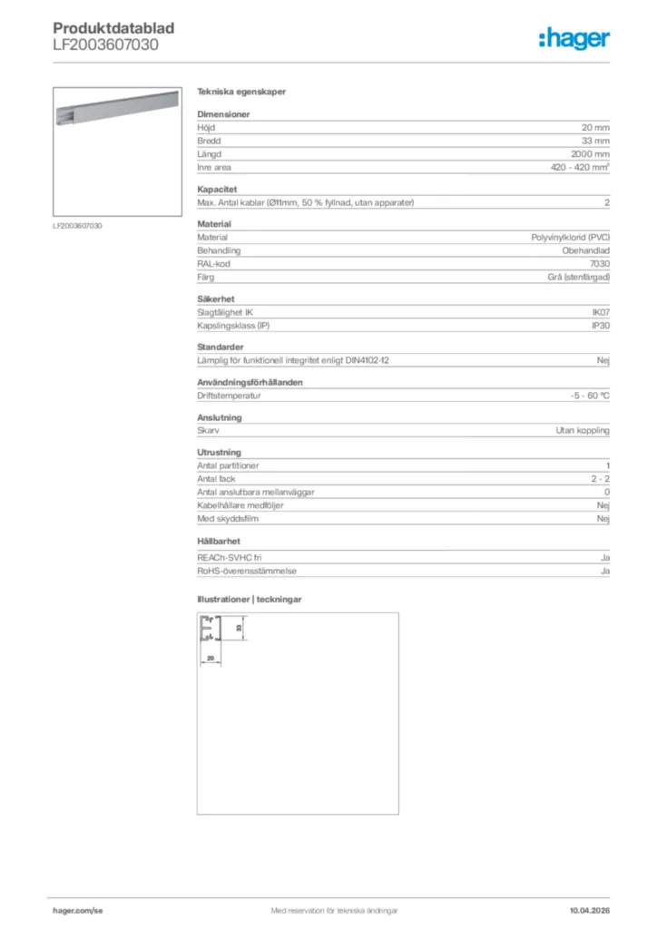 Bild Hager Produktdatablad LF2003607030 | Hager Sverige