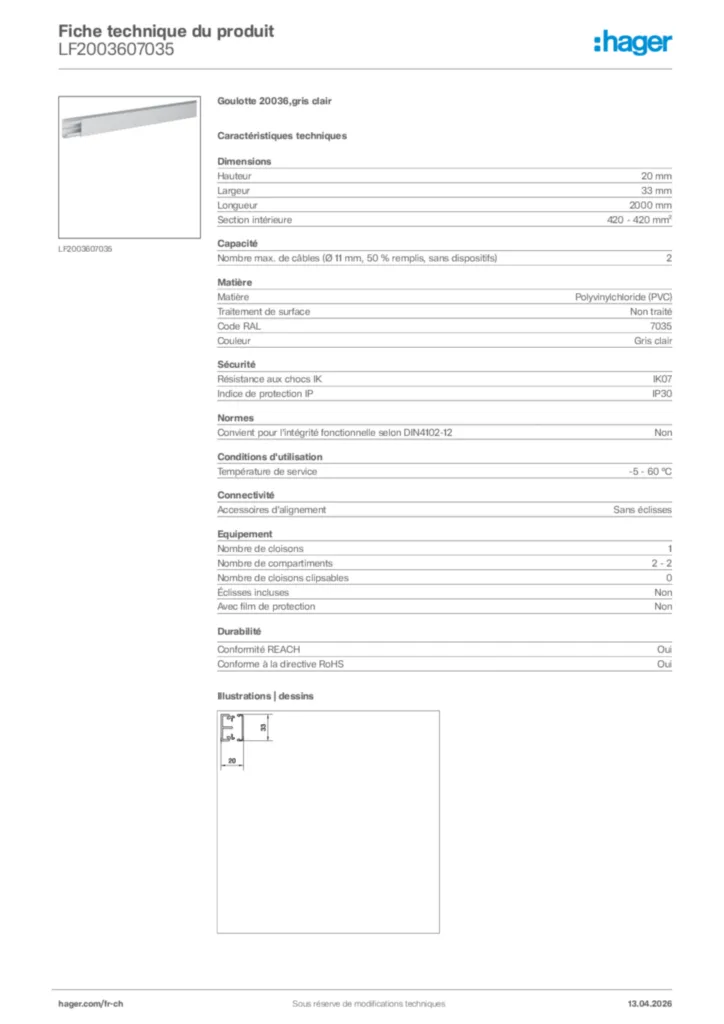 Image Hager Fiche technique du produit LF2003607035 | Hager Suisse