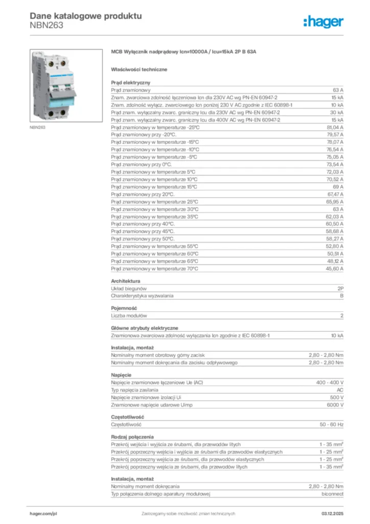 Zdjęcie Hager Dane katalogowe produktu NBN263 | Hager Polska